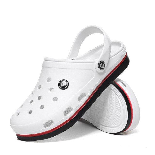 Stevvex white men's clogs with ankle strap and red/black outsole, beach sandals on Tampa Home & Garden Store