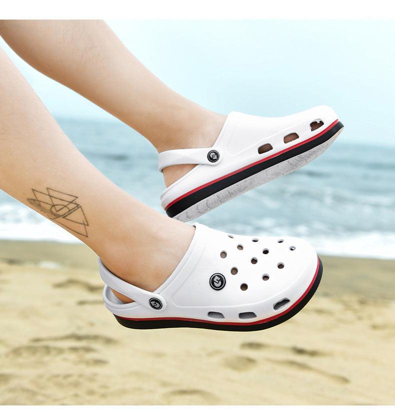 Stevvex white perforated men's clogs with ankle strap and red-black sole on beach on Tampa Home & Garden Store
