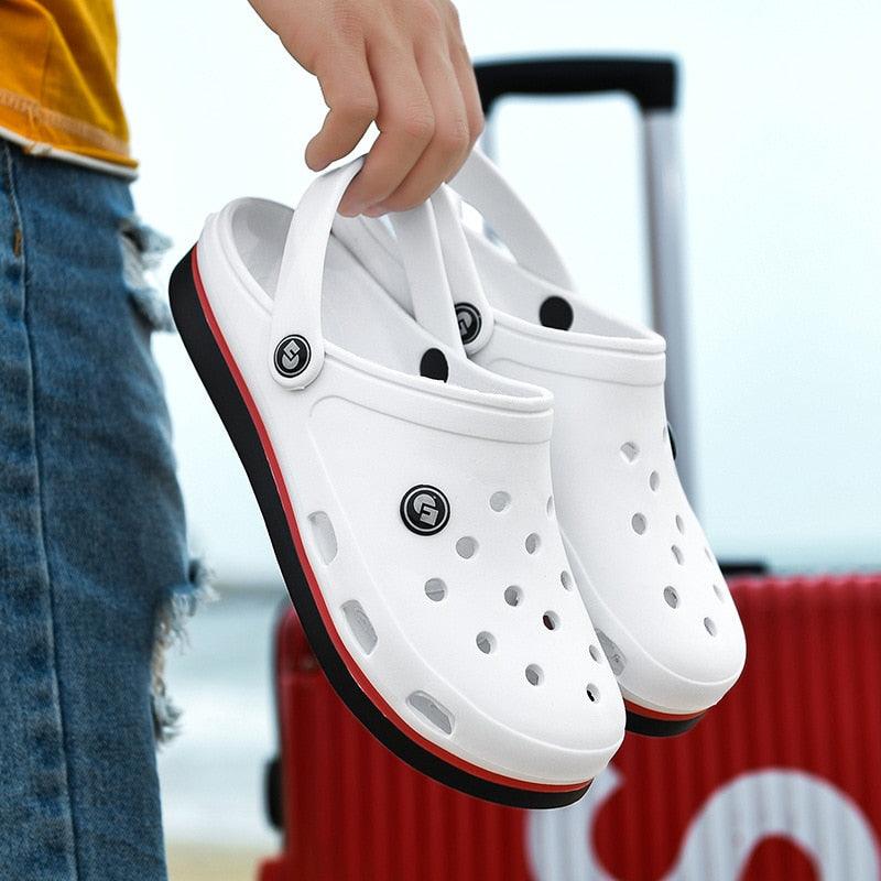Stevvex white clogs with ankle straps, perforated upper, red/black sole anti-slip slippers on Tampa Home & Garden Store