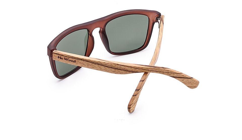 Sunglasses rectangular brown frame with bamboo temples green polarized lenses Hu Wood logo on Tampa Home & Garden Store