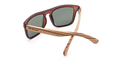 Sunglasses rectangular brown frame with bamboo temples green polarized lenses Hu Wood logo on Tampa Home & Garden Store