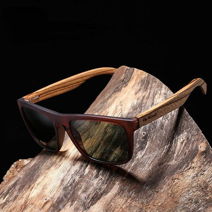 Stevvex wooden rectangle sunglasses brown frame light wood temples polarized dark lenses on Tampa Home & Garden Store