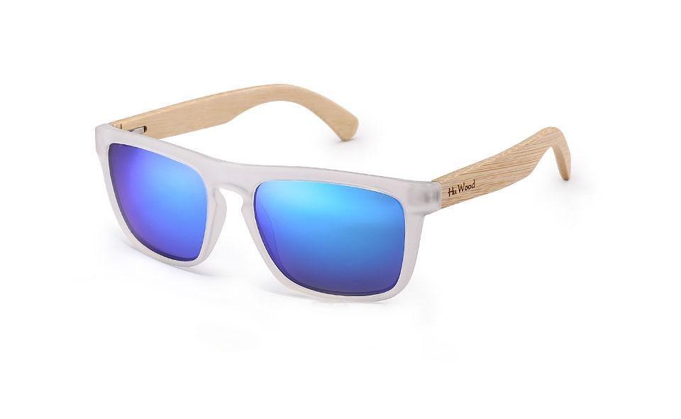 Rectangular sunglasses by Stevvex with white frame, blue mirrored polarized lenses, wood temples on Tampa Home & Garden Store