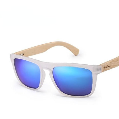 Stevvex retro sunglasses white frame blue mirrored polarized lenses wooden temples on Tampa Home & Garden Store
