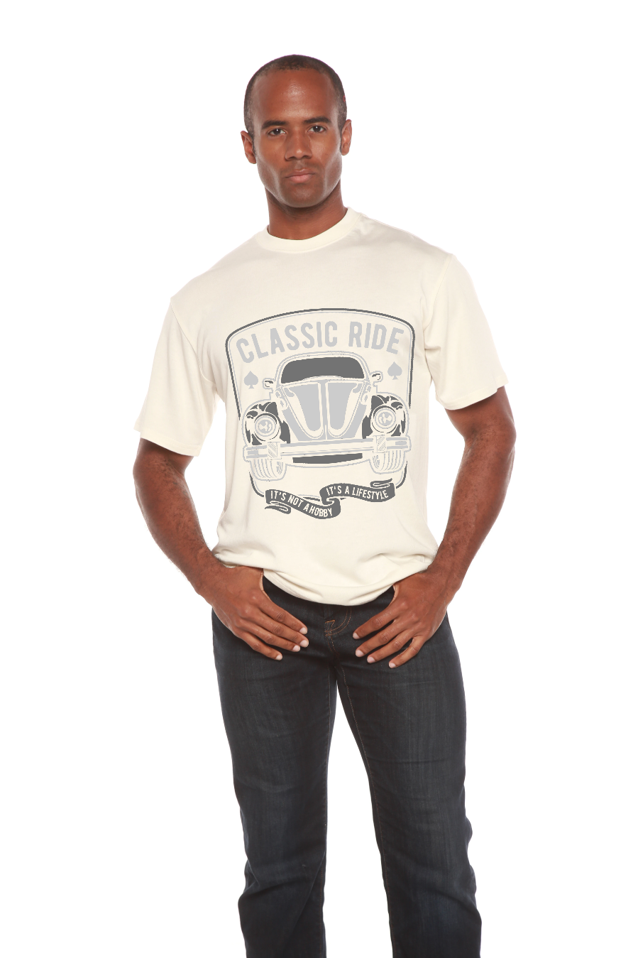 Classic Ride men's bamboo tee with cream color and vintage car print Spun Bamboo on Tampa Home & Garden Store