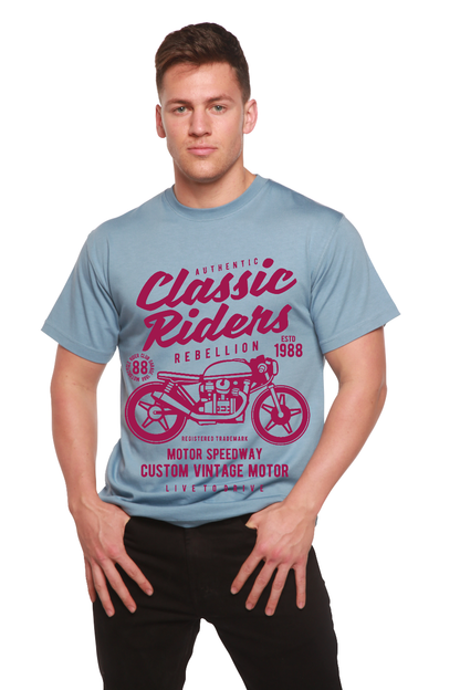 Classic Riders graphic tee for men in light blue with magenta motorcycle print by Spun Bamboo on Tampa Home & Garden Store