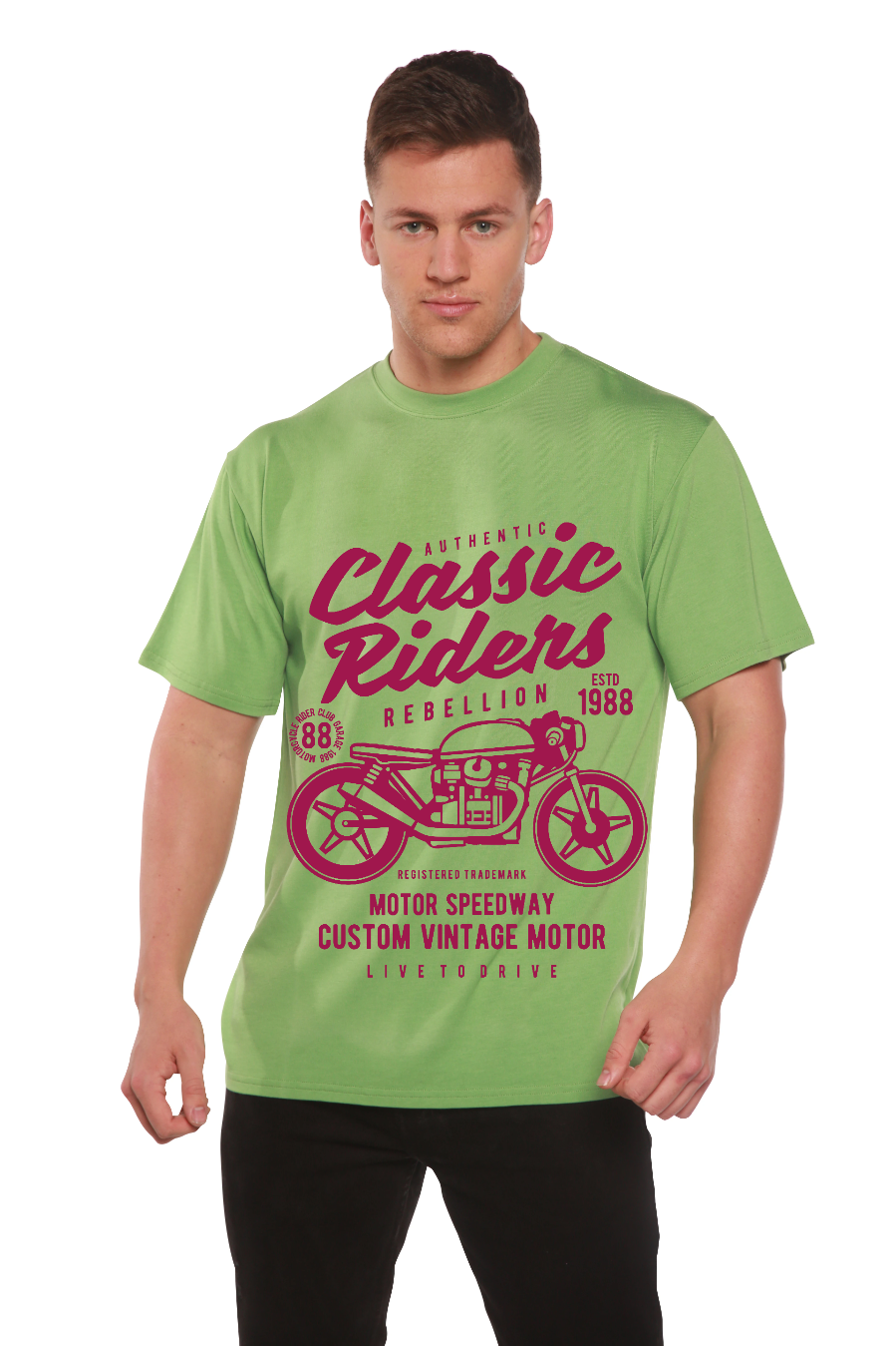 Classic Riders green graphic tee with magenta motorcycle print, short sleeves, Spun Bamboo on Tampa Home & Garden Store
