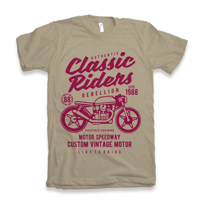 Classic Riders men's printed T-shirt beige with magenta bike graphic by Spun Bamboo on Tampa Home & Garden Store