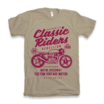 Classic Riders men's printed T-shirt beige with magenta bike graphic by Spun Bamboo on Tampa Home & Garden Store