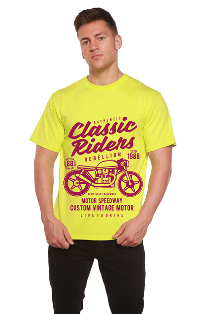 Classic Riders men's graphic T-shirt in neon yellow with burgundy motorcycle print by Spun Bamboo on Tampa Home & Garden Store