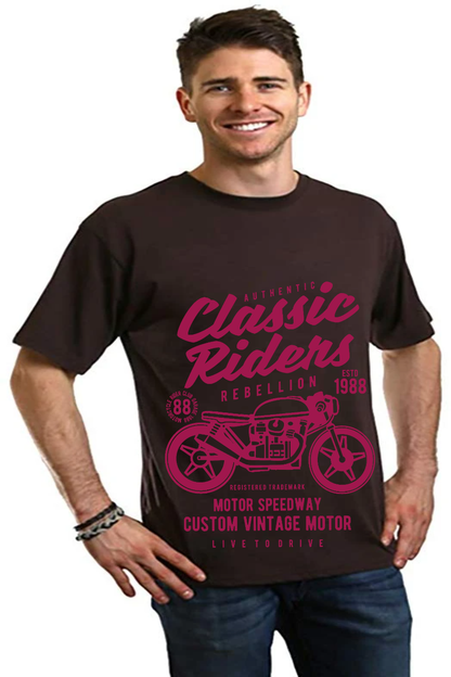 Classic Riders men's graphic tee in black with pink vintage motorcycle design by Spun Bamboo on Tampa Home & Garden Store