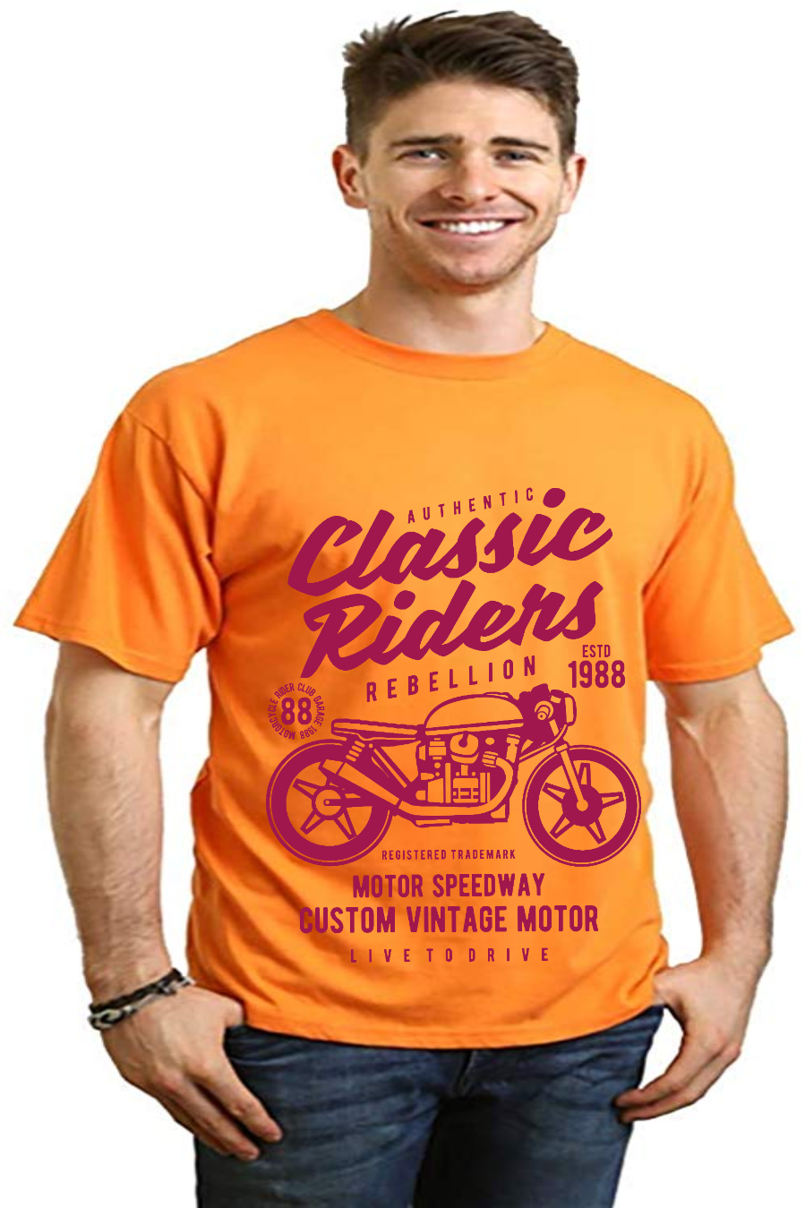 Classic Riders Spun Bamboo men's bamboo viscose cotton graphic tee orange with motorcycle print on Tampa Home & Garden Store