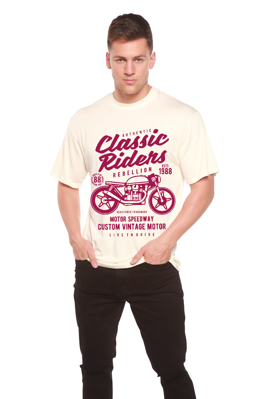 Classic Riders men's graphic T-shirt cream with burgundy motorcycle print by Spun Bamboo on Tampa Home & Garden Store