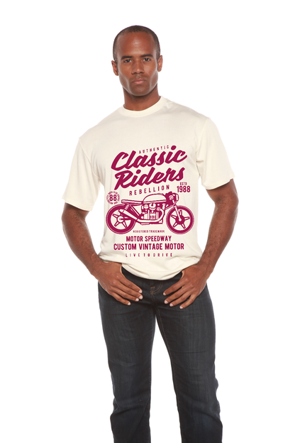 Classic Riders men's tee in cream with maroon bike graphic on Tampa Home & Garden Store