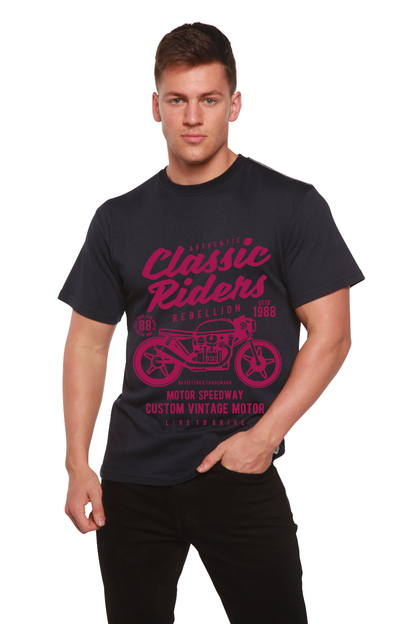 Classic Riders men's graphic T-shirt by Spun Bamboo in black with pink motorcycle print on Tampa Home & Garden Store