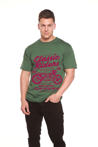 Classic Riders men's Spun Bamboo tee in green with pink bike print on Tampa Home & Garden Store