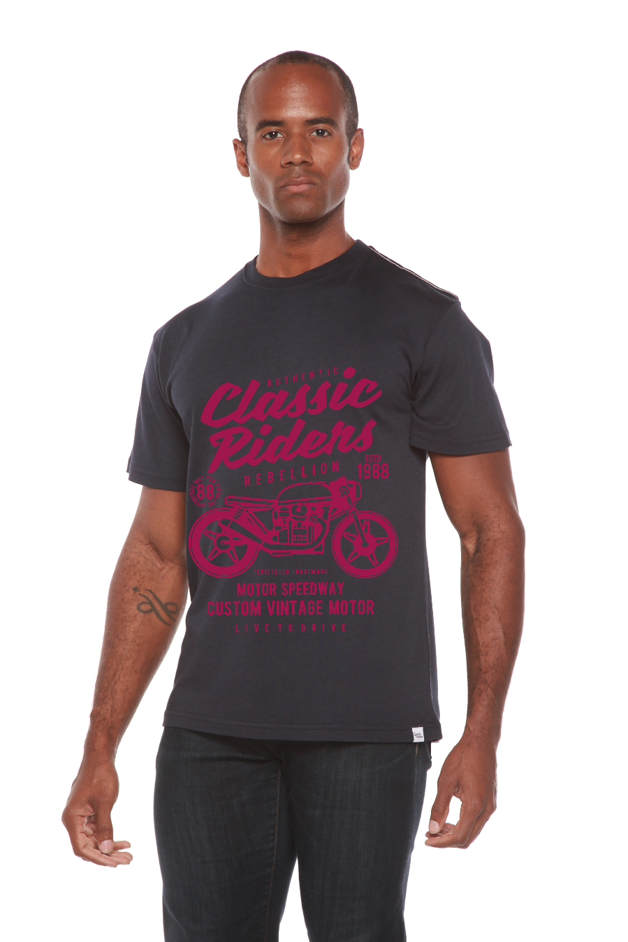 Classic Riders men's Spun Bamboo tee in black with pink motorcycle print on Tampa Home & Garden Store