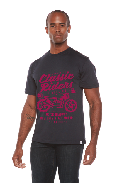 Classic Riders men's Spun Bamboo tee in black with pink motorcycle print on Tampa Home & Garden Store