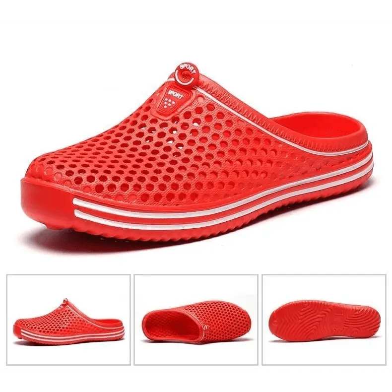 Red perforated Stevvex garden clogs, closed-toe unisex slip-ons with white midsole on Tampa Home & Garden Store