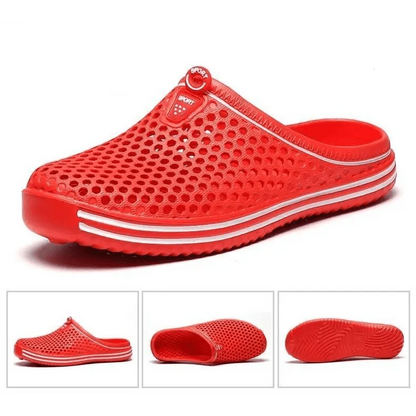 Red perforated Stevvex garden clogs, closed-toe unisex slip-ons with white midsole on Tampa Home & Garden Store