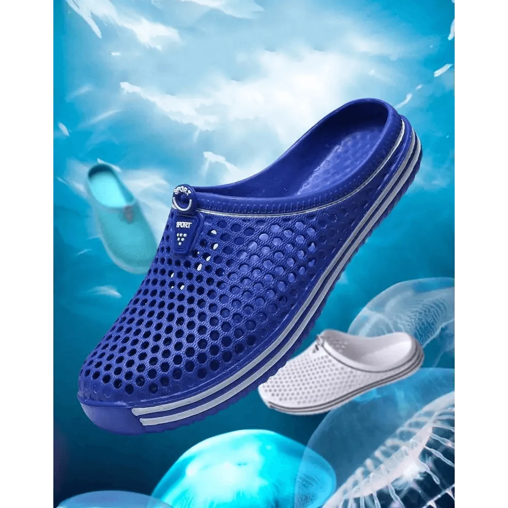 Stevvex blue perforated closed-toe garden clogs; unisex casual sandals with white pair visible in background on Tampa Home & Garden Store
