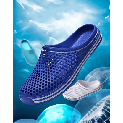 Stevvex blue perforated closed-toe garden clogs; unisex casual sandals with white pair visible in background on Tampa Home & Garden Store