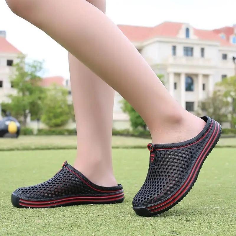 Stevvex unisex mesh garden sandals with black perforated closed toe and red stripe sole on Tampa Home & Garden Store