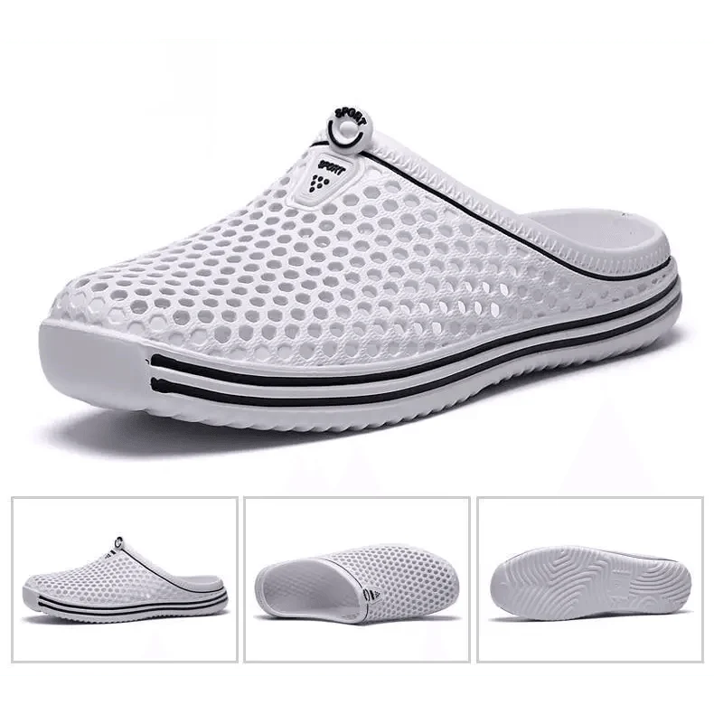Stevvex white mesh closed-toe sandal with perforated upper and black stripe sole on Tampa Home & Garden Store
