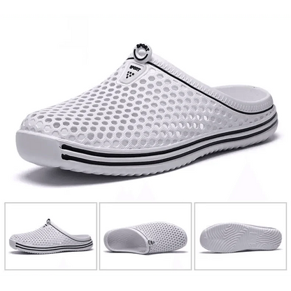 Stevvex white mesh closed-toe sandal with perforated upper and black stripe sole on Tampa Home & Garden Store