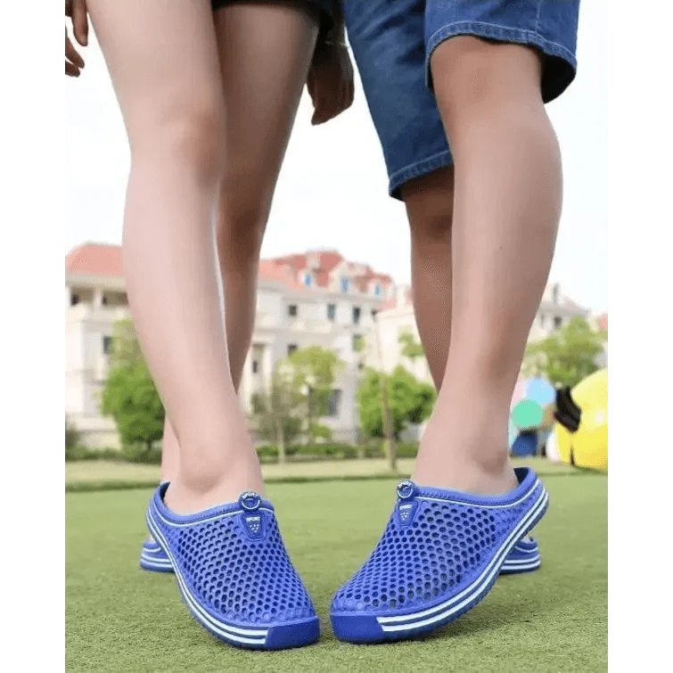 Blue Stevvex perforated mesh slip-on sandals for unisex casual garden wear, pair on Tampa Home & Garden Store