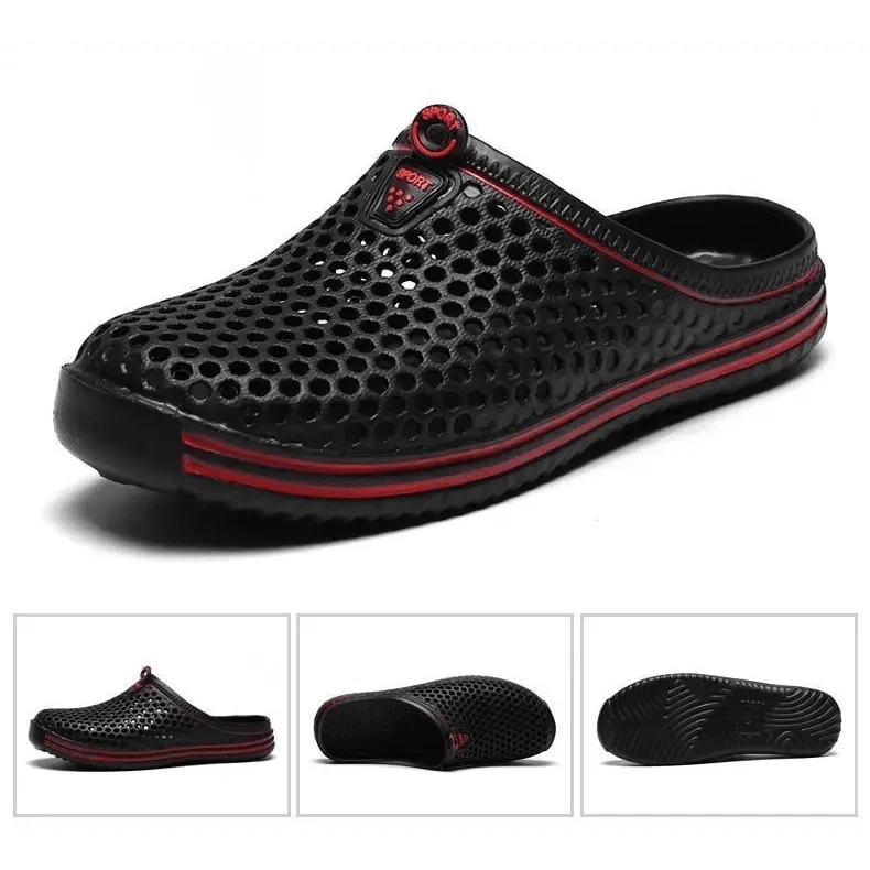 Black mesh closed-toe sandal with red stripe midsole, slip-on garden clog on Tampa Home & Garden Store