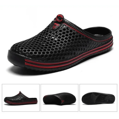 Black mesh closed-toe sandal with red stripe midsole, slip-on garden clog on Tampa Home & Garden Store