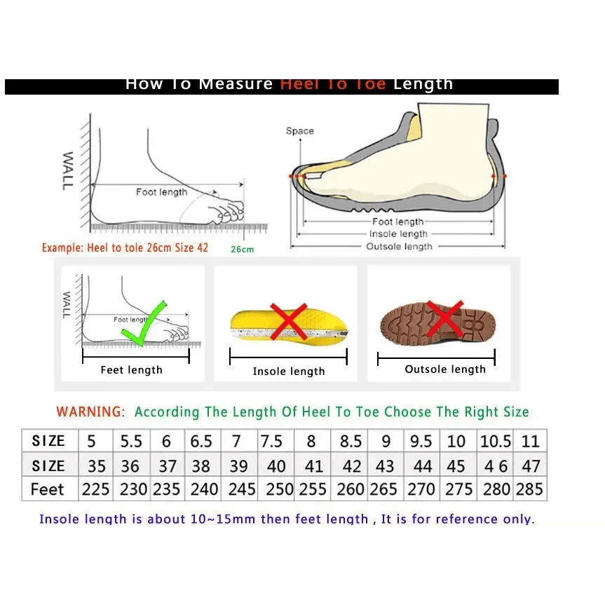 Stevvex sandals sizing guide infographic with heel-to-toe measurements and foot length diagrams on Tampa Home & Garden Store