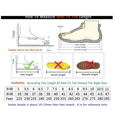 Stevvex sandals sizing guide infographic with heel-to-toe measurements and foot length diagrams on Tampa Home & Garden Store