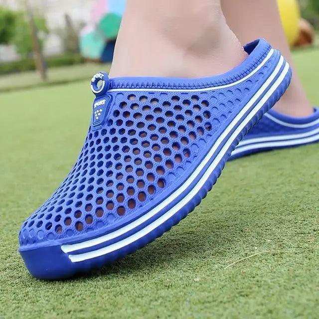 Stevvex blue hollow-out perforated slip-on sandals, closed toe garden style pair on Tampa Home & Garden Store