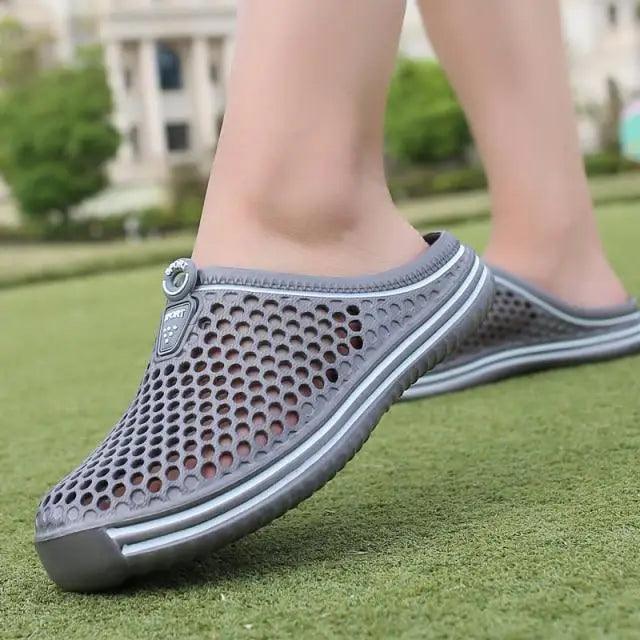 Gray perforated slip-on Stevvex sandals for beach and garden, closed-toe, unisex pair on Tampa Home & Garden Store