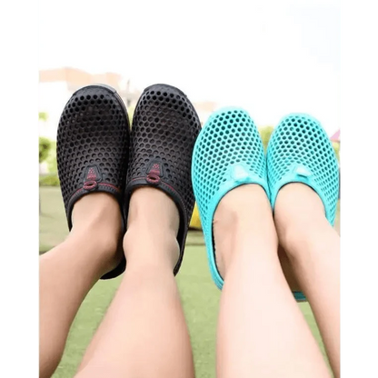 Stevvex unisex mesh garden clogs, closed-toe sandals in black and turquoise, two pairs on Tampa Home & Garden Store