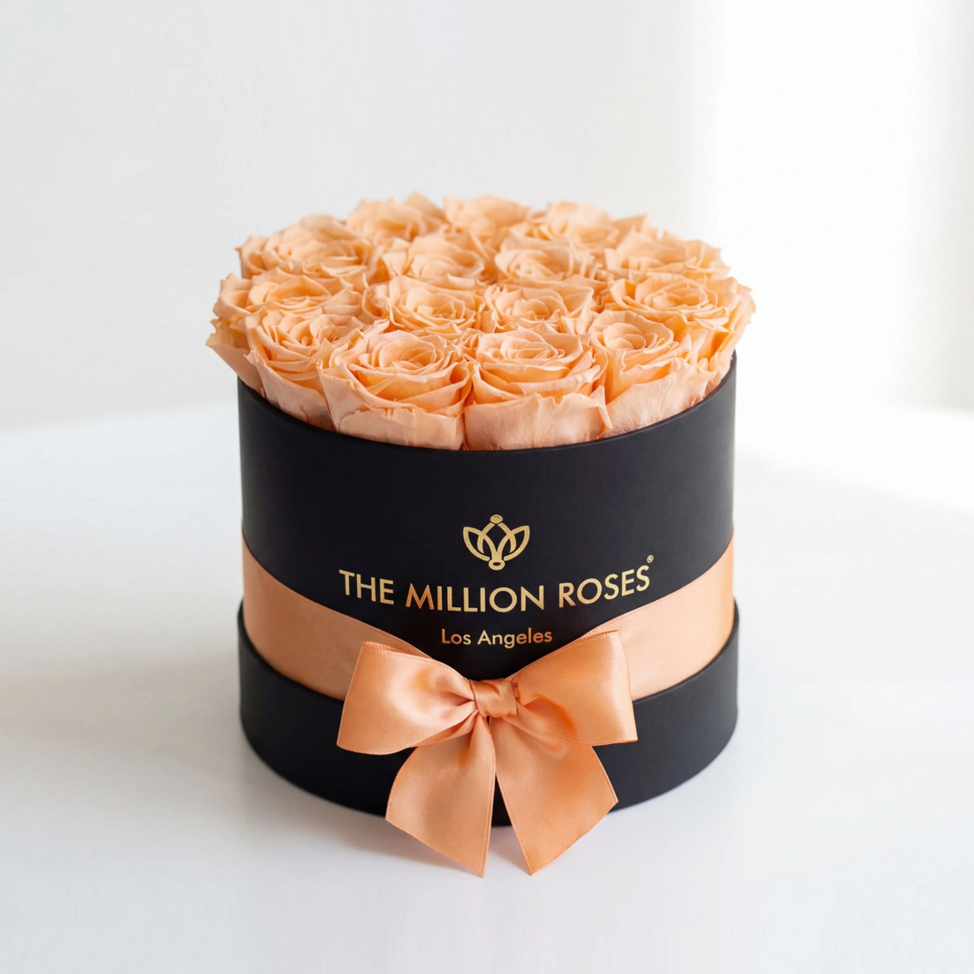 Classic Black Box peach roses arrangement with peach ribbon by The Million Roses on Tampa Home & Garden Store