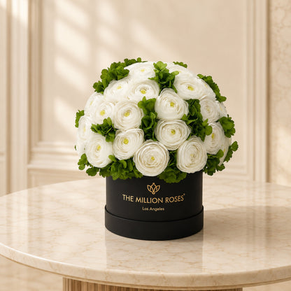 White Persian buttercups with green hydrangeas in a black The Million Roses hat box on Tampa Home & Garden Store