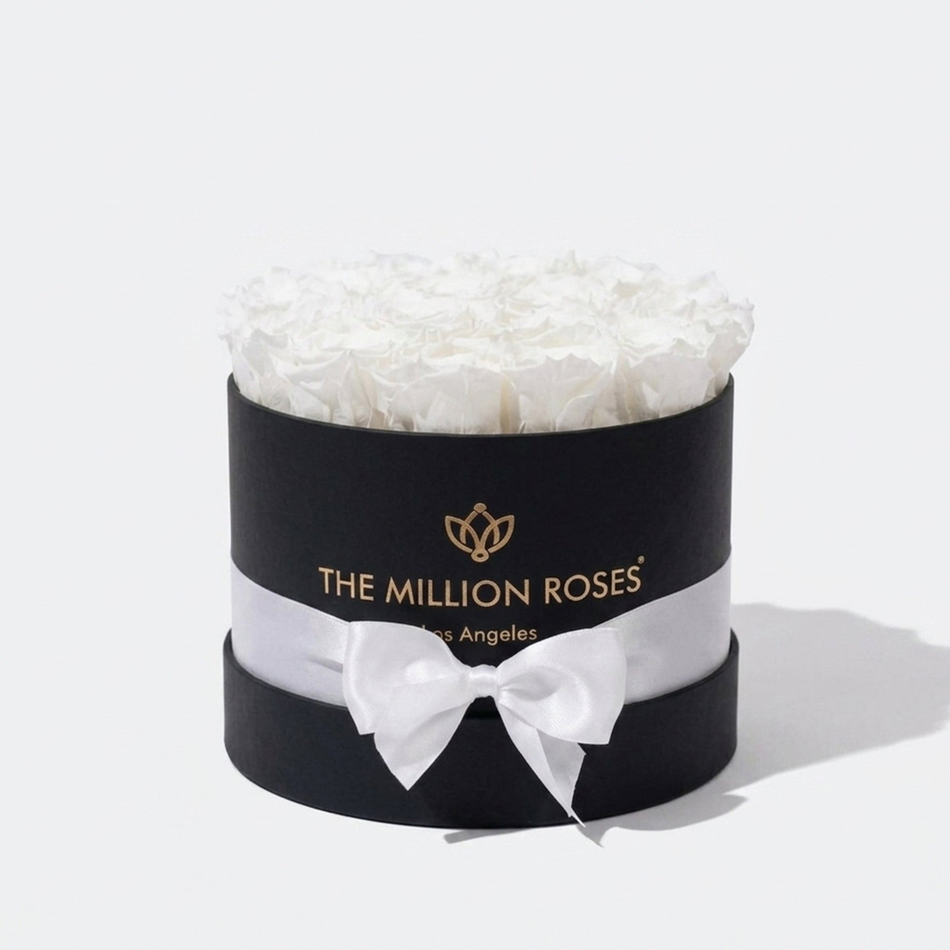 Classic Black Box with white tissue filler and The Million Roses logo, White Roses, on Tampa Home & Garden Store