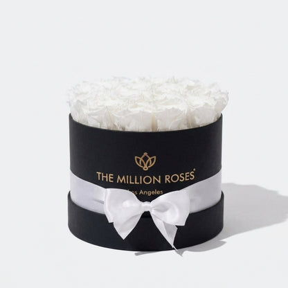 Classic Black Box with white tissue filler and The Million Roses logo, White Roses, on Tampa Home & Garden Store