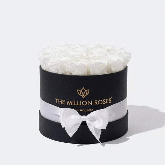 Classic Black Box with white tissue filler and The Million Roses logo, White Roses, on Tampa Home & Garden Store