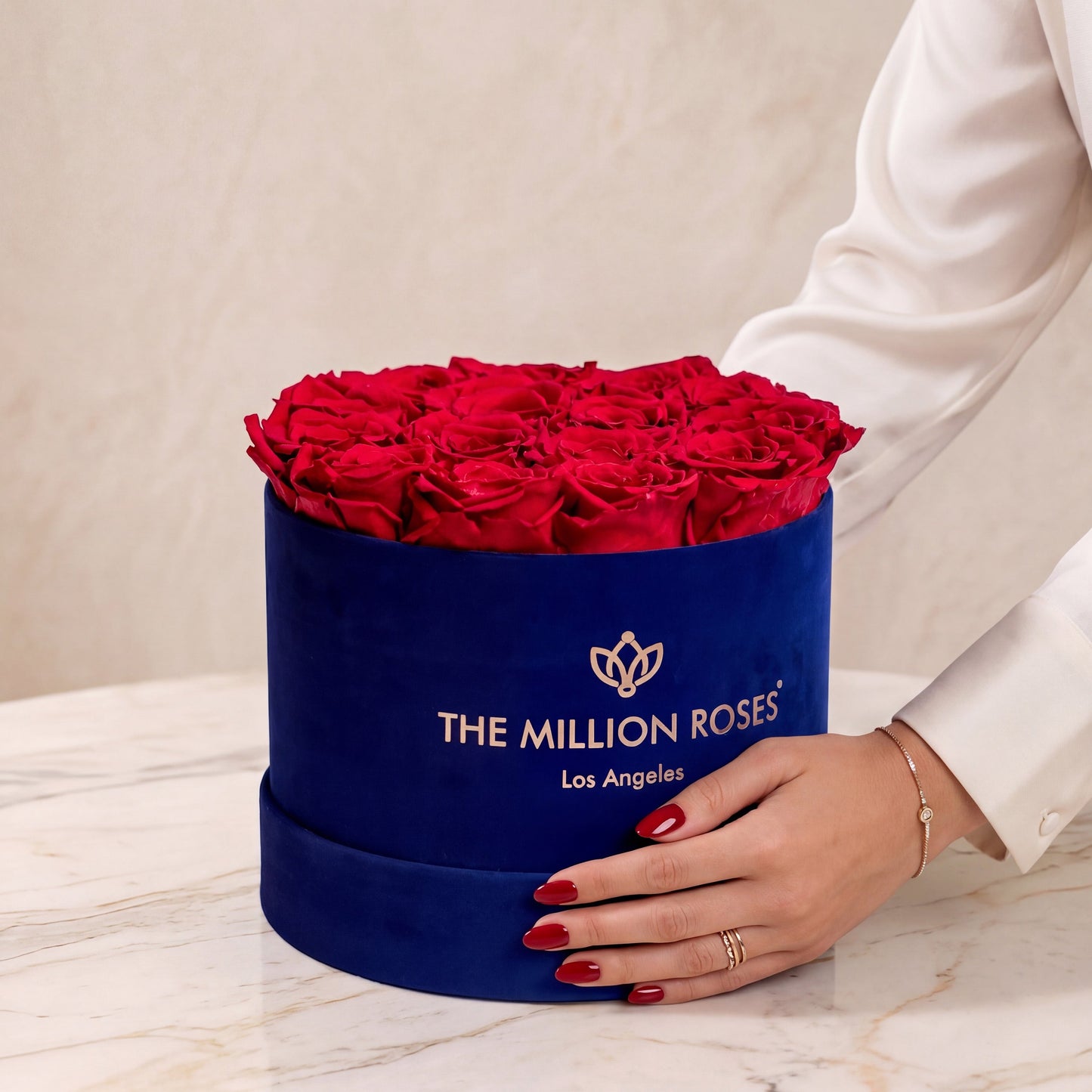 Classic royal blue suede box with red roses, The Million Roses on Tampa Home & Garden Store