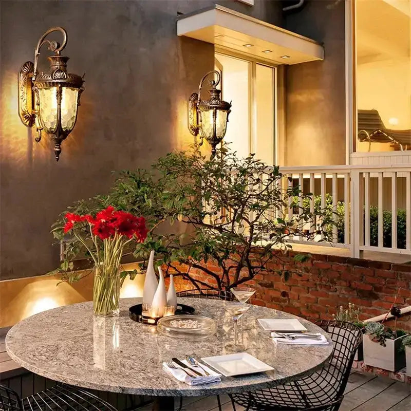 Classical bronze LED outdoor wall lamp pair with textured glass panels, Decorbites lighting on Tampa Home & Garden Store