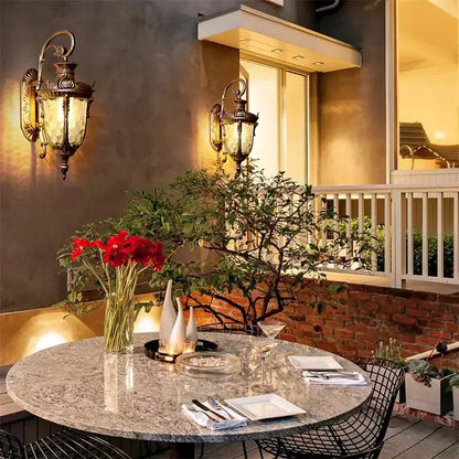Classical bronze LED outdoor wall lamp pair with textured glass panels, Decorbites lighting on Tampa Home & Garden Store