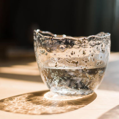 Clear art glass vase RusticReach, bubbled glass with a rounded bowl on a wooden table on Tampa Home & Garden Store