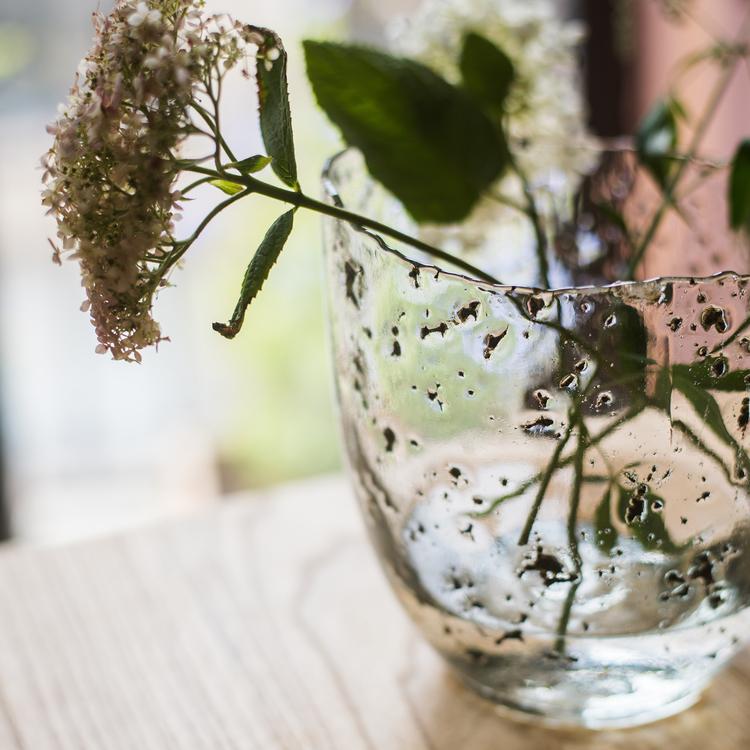 Clear Art Glass Vase RusticReach with bubble-textured glass holding flower stems on Tampa Home & Garden Store