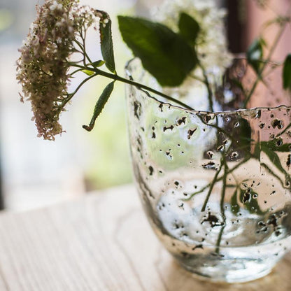 Clear Art Glass Vase RusticReach with bubble-textured glass holding flower stems on Tampa Home & Garden Store