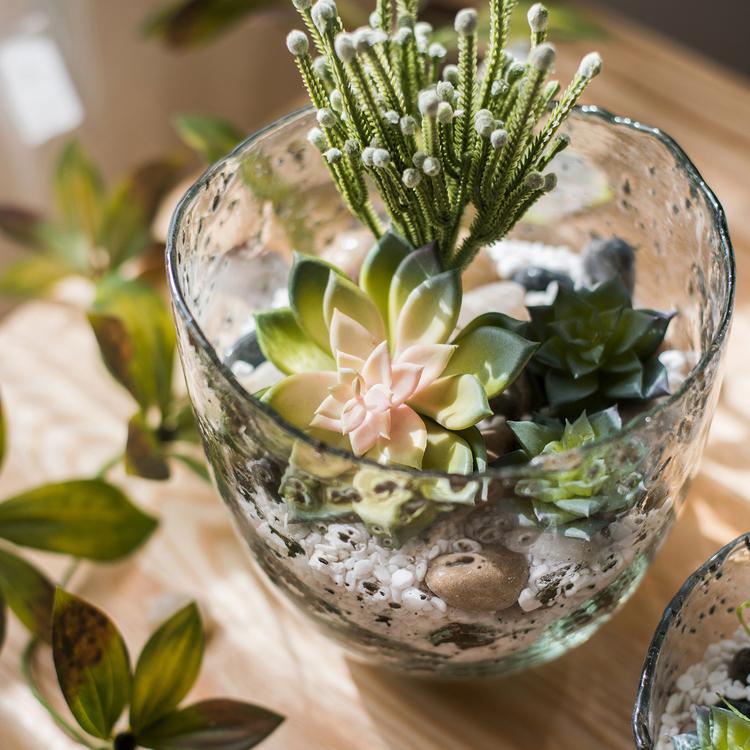 Clear Art Glass Vase with succulent arrangement RusticReach on Tampa Home & Garden Store