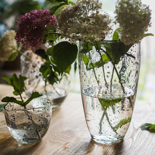 Clear art glass vases set of 3 by RusticReach with water-filled stems and hydrangea on Tampa Home & Garden Store